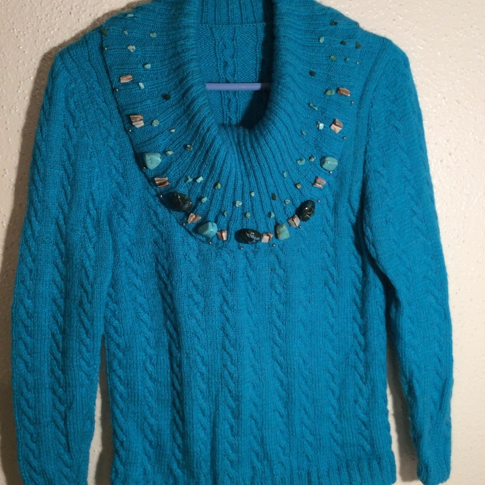 Elegant Teal Sweater with Beaded Neckline